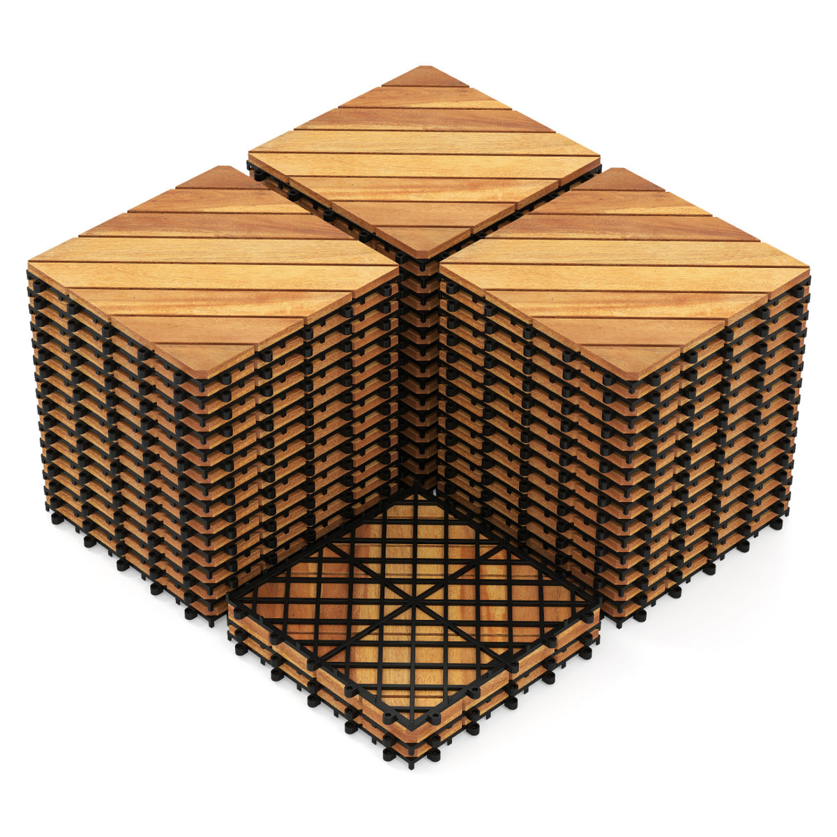 Acacia Wood Interlocking Deck Tiles - Waterproof, 12x12 Inch, 24 Pieces, Natural, Diagonal Style