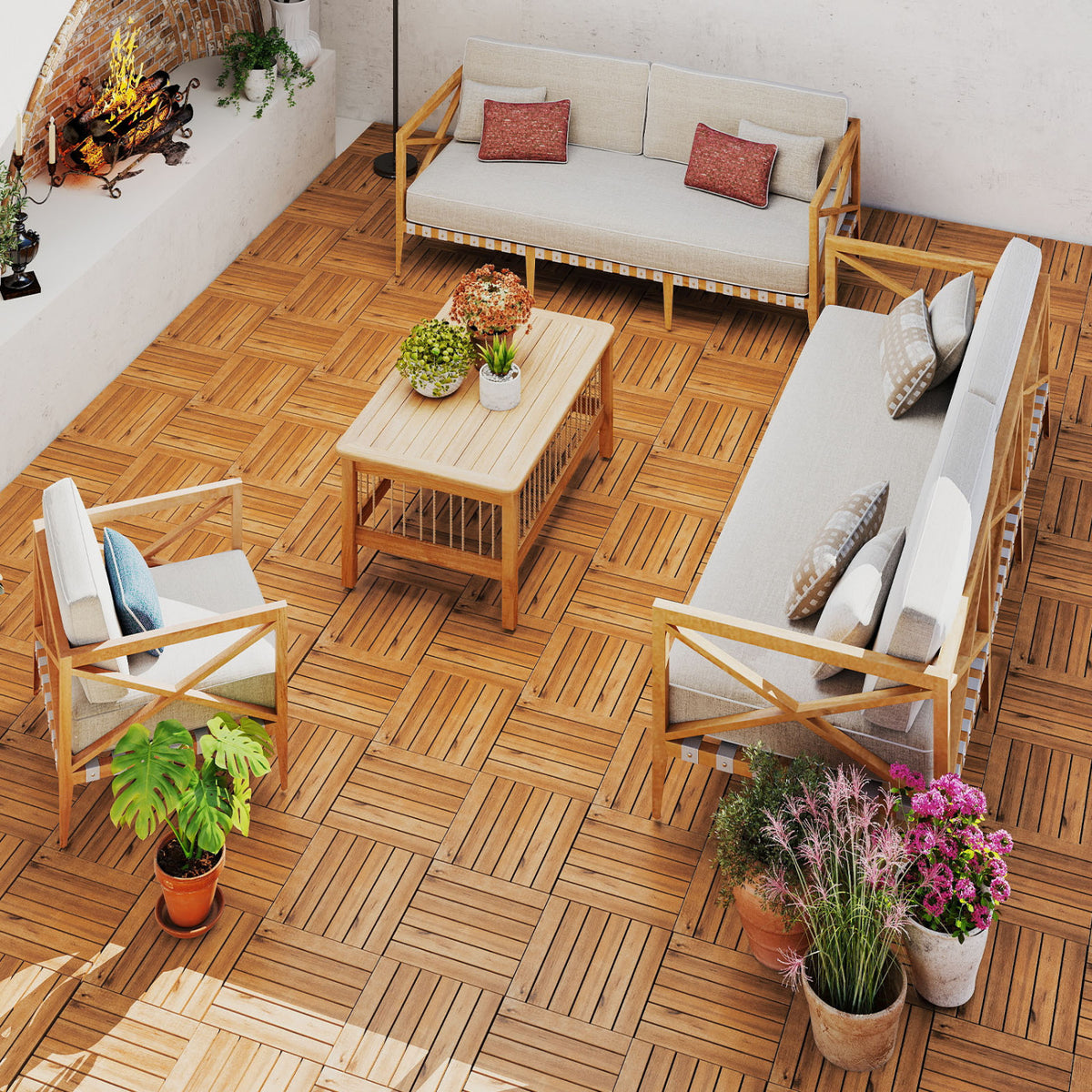 Acacia Wood Interlocking Deck Tiles 12x12 Inch 27 Pieces - Golden Teak, Straight