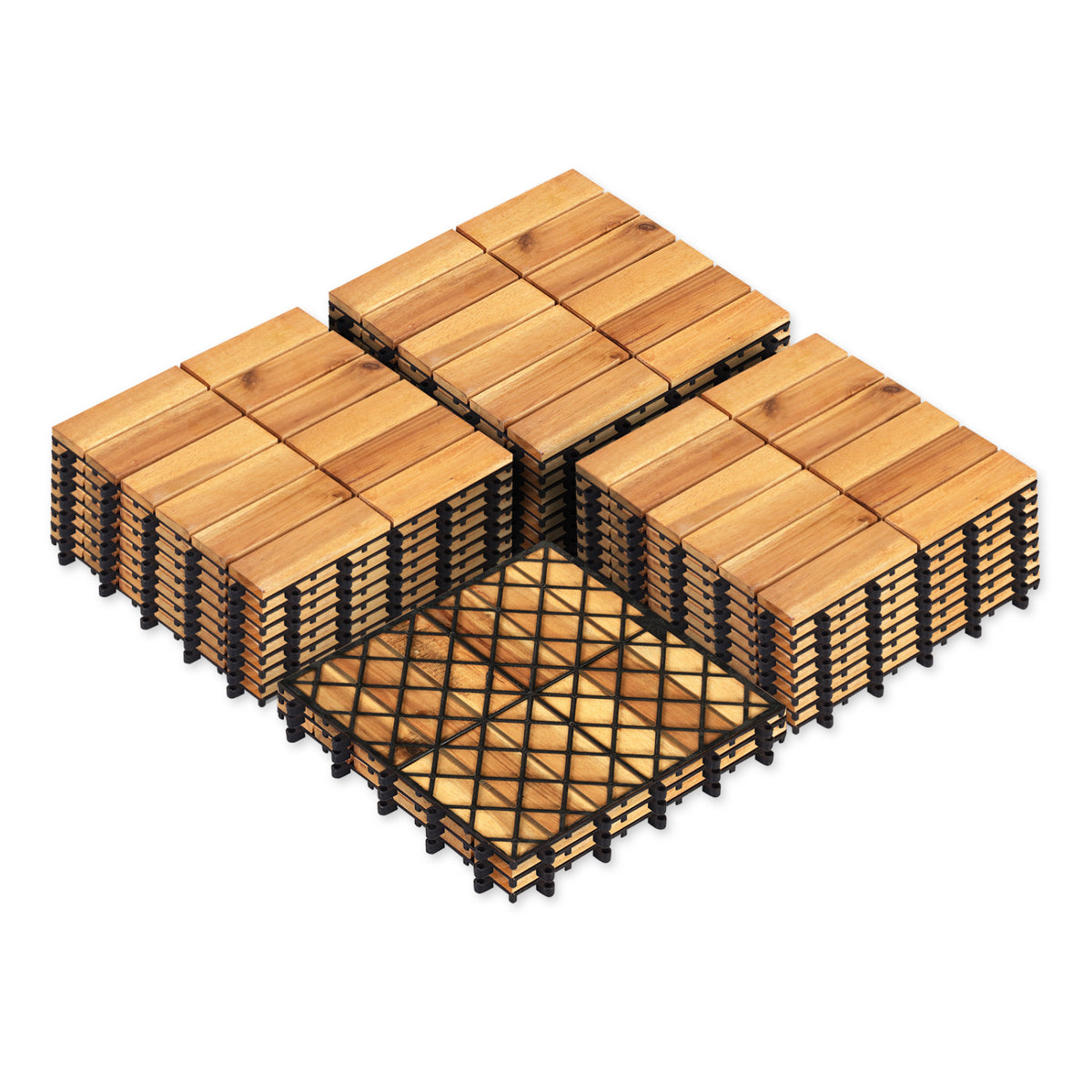 Acacia Wood Interlocking Deck Tiles - Golden Teak Grid 27 Pieces, Natural Finish