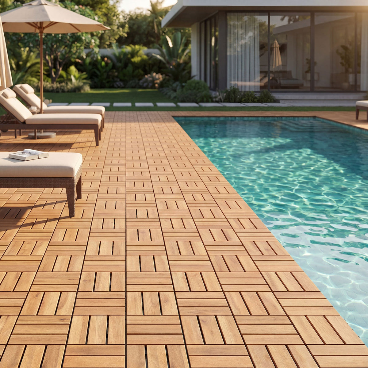 Acacia Wood Interlocking Deck Tiles - Golden Teak Checker Pattern, 12x12 Inch, 54 Pieces