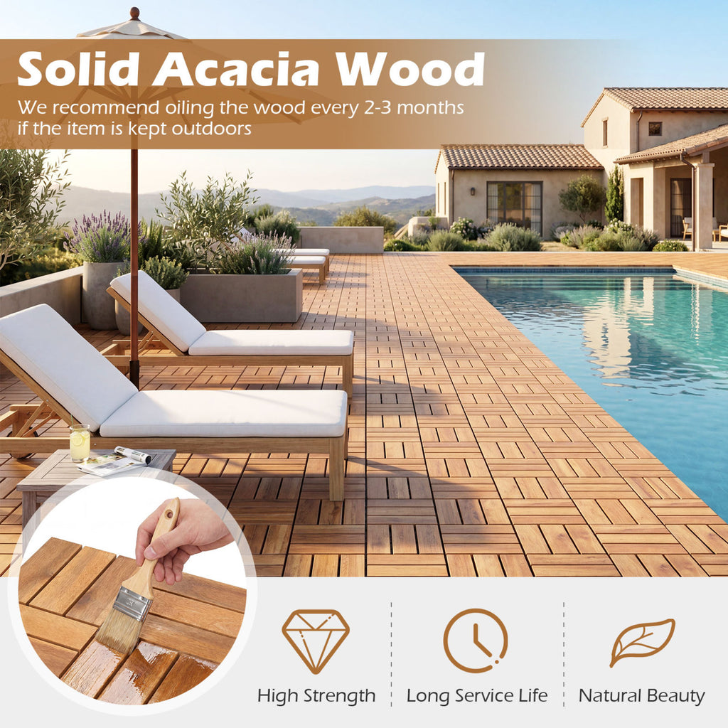 Acacia Wood Interlocking Deck Tiles - Golden Teak Checker Pattern, 12x12 Inch, 54 Pieces