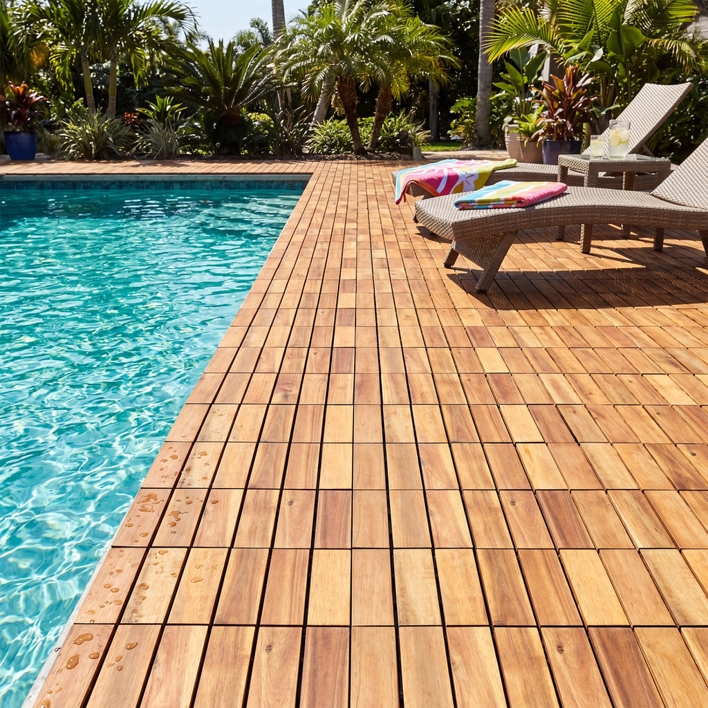 Acacia Wood Interlocking Deck Tiles - Golden Teak, 12x12 Inch, 54 Pieces, Waterproof