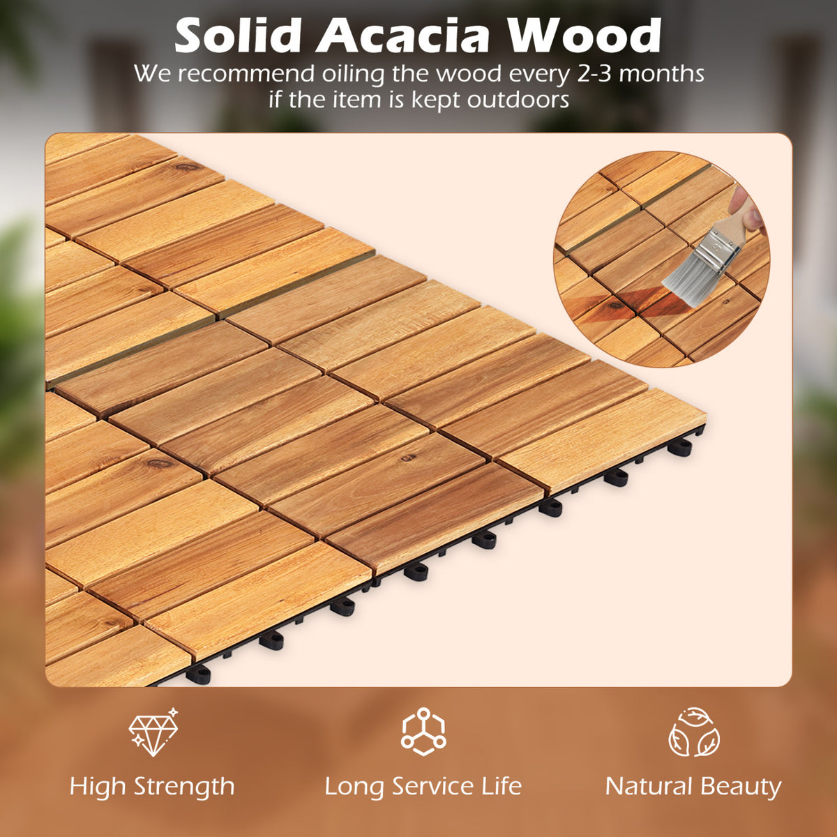 Acacia Wood Interlocking Deck Tiles - Golden Teak, 12x12 Inch, 54 Pieces, Waterproof