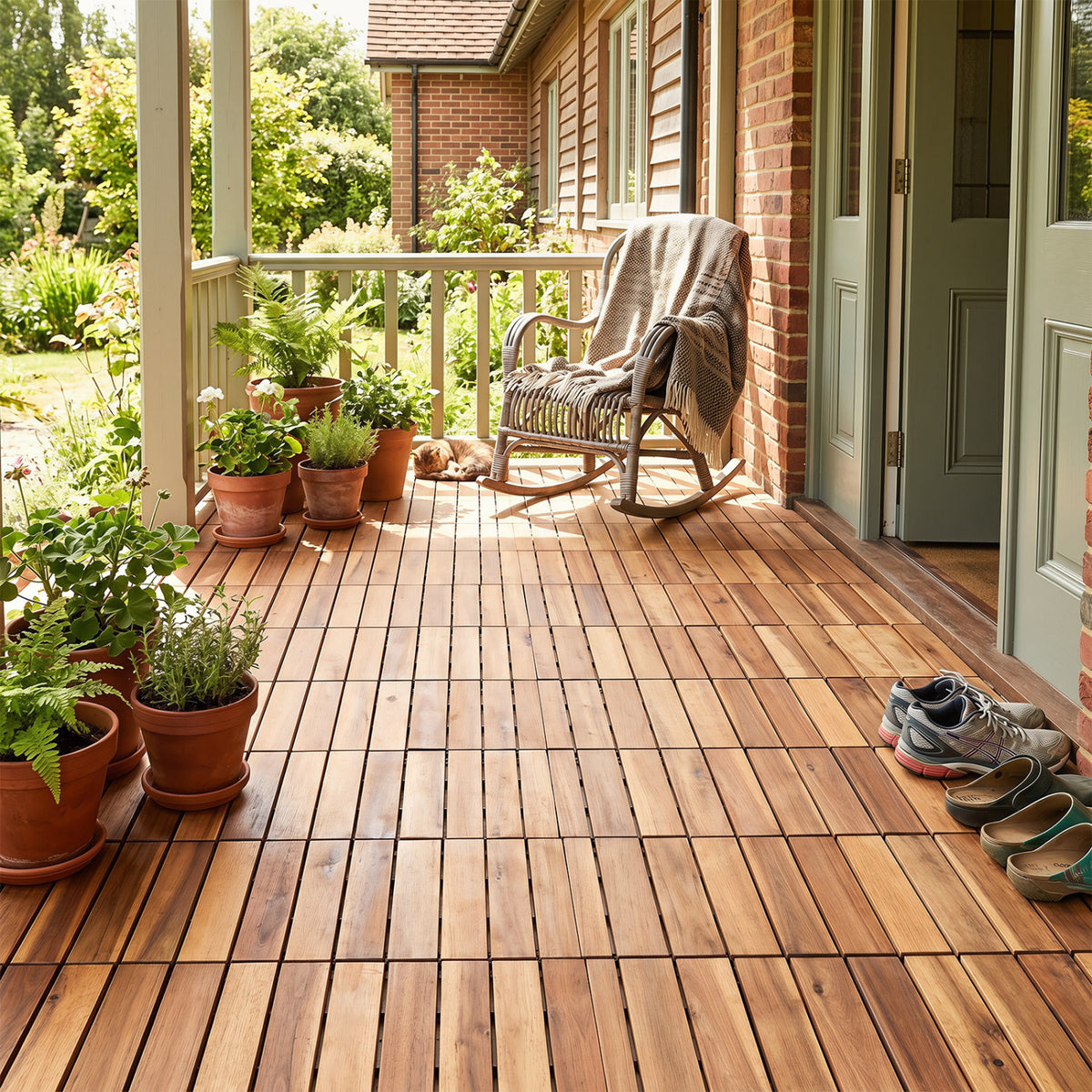 Acacia Wood Interlocking Deck Tiles - Golden Teak, 12x12 Inch, 54 Pieces, Waterproof