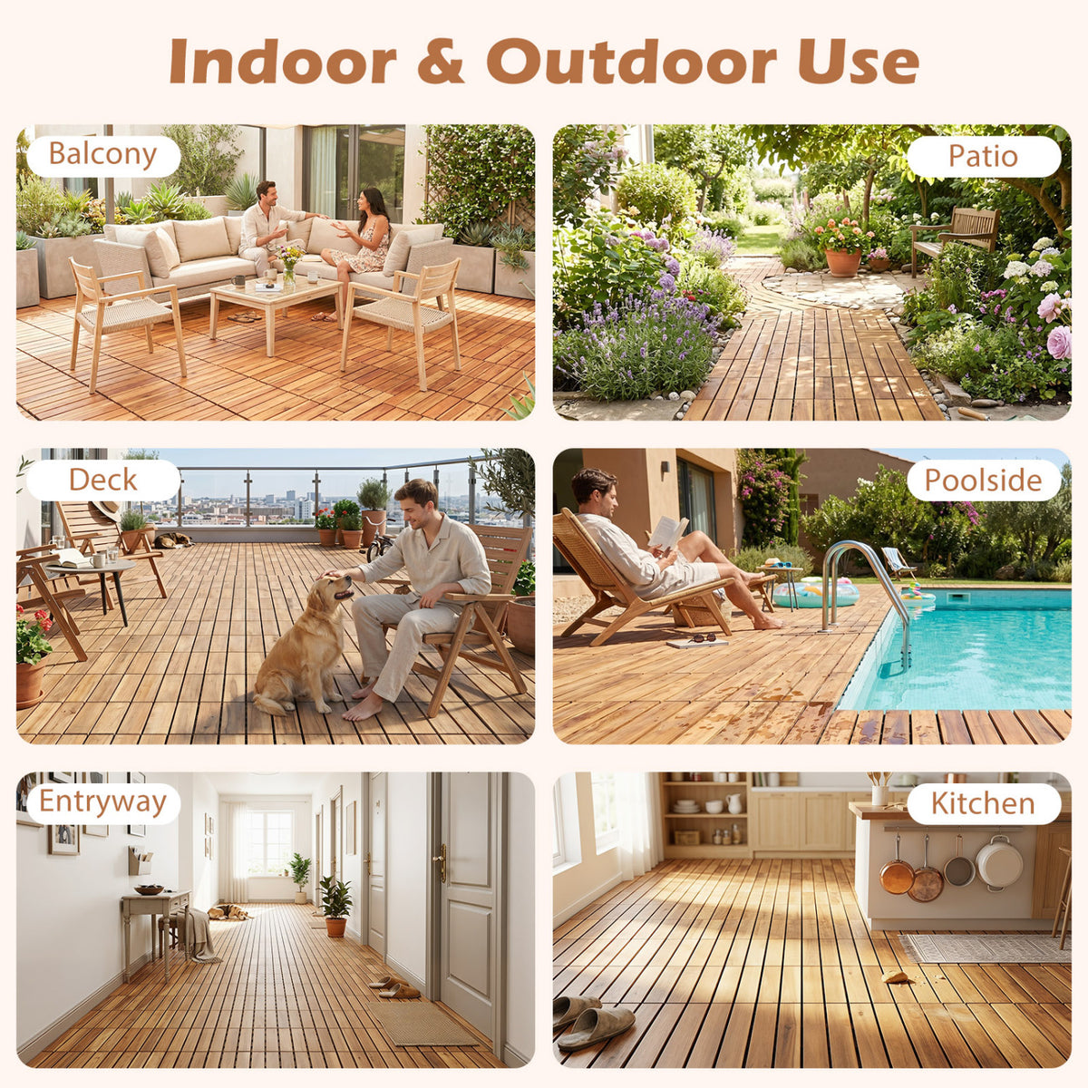 Acacia Wood Interlocking Deck Tiles - Golden Teak, 12x12 Inch, 54 Pieces, Waterproof