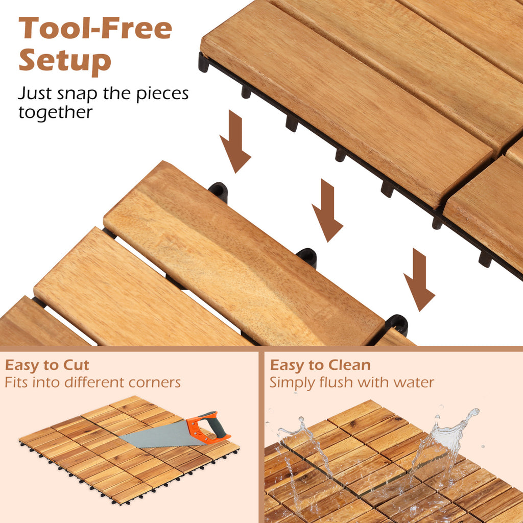 Acacia Wood Interlocking Deck Tiles - Golden Teak, 12x12 Inch, 54 Pieces, Waterproof