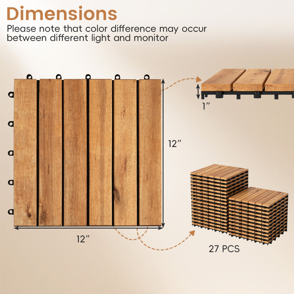 Acacia Wood Interlocking Deck Tiles - Golden Teak, 12x12 Inch, 54 Pieces