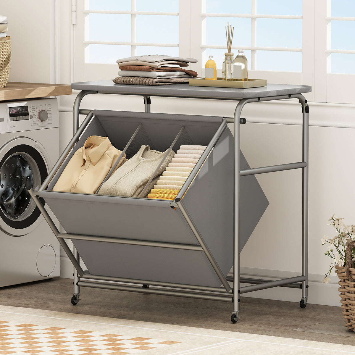 3-Section Laundry Sorter with Foldable Ironing Board, Gray