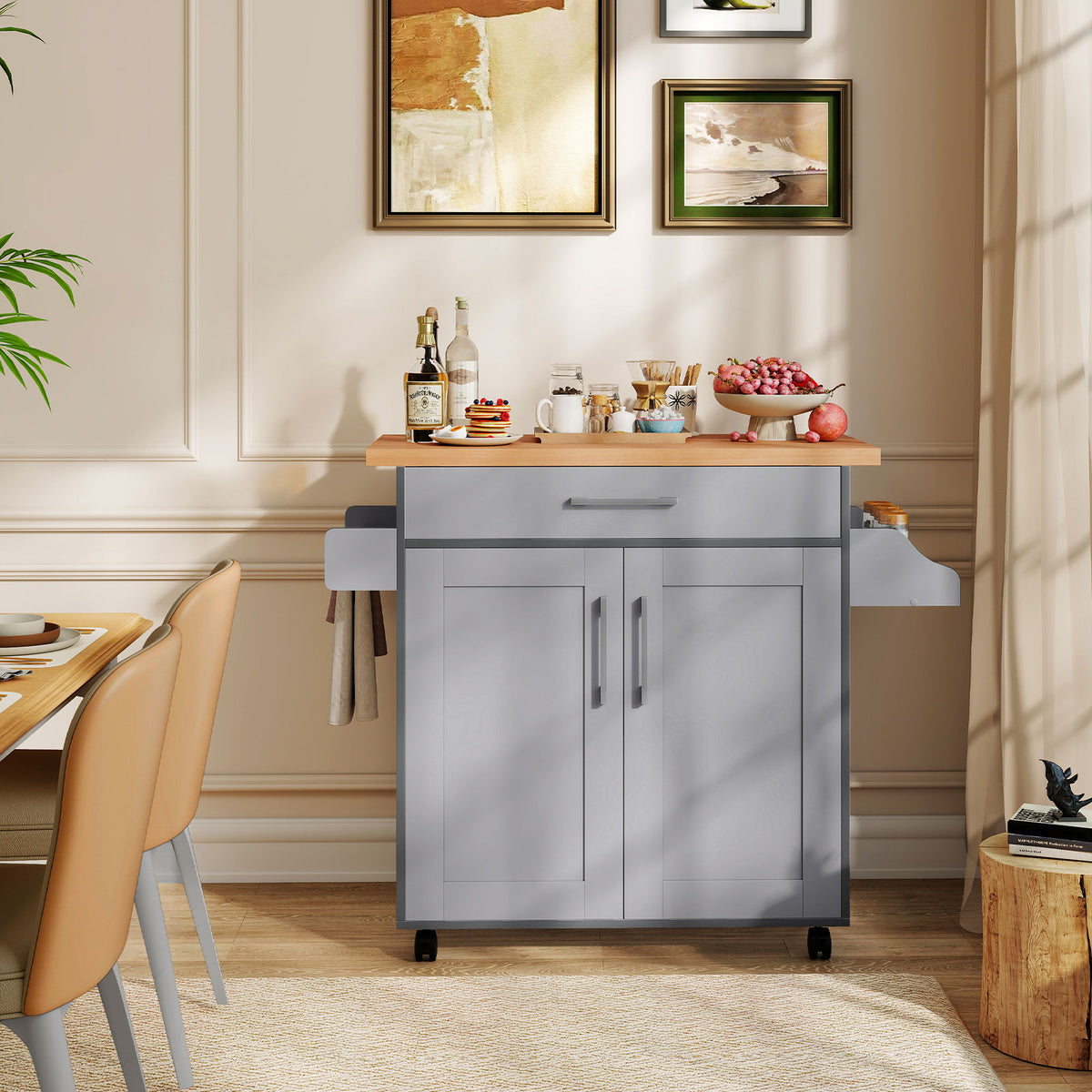 Rolling Kitchen Island Cart with Towel Rack - Gray