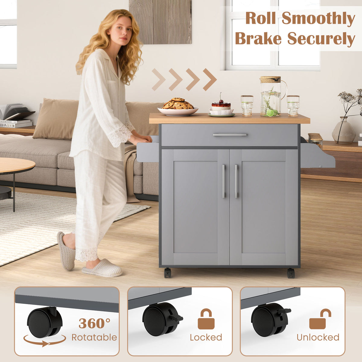 Rolling Kitchen Island Cart with Towel Rack - Gray