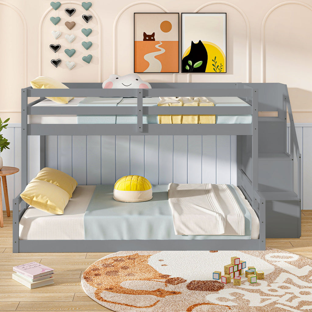 Twin Over Full Bunk Bed with Storage Stairs - Gray