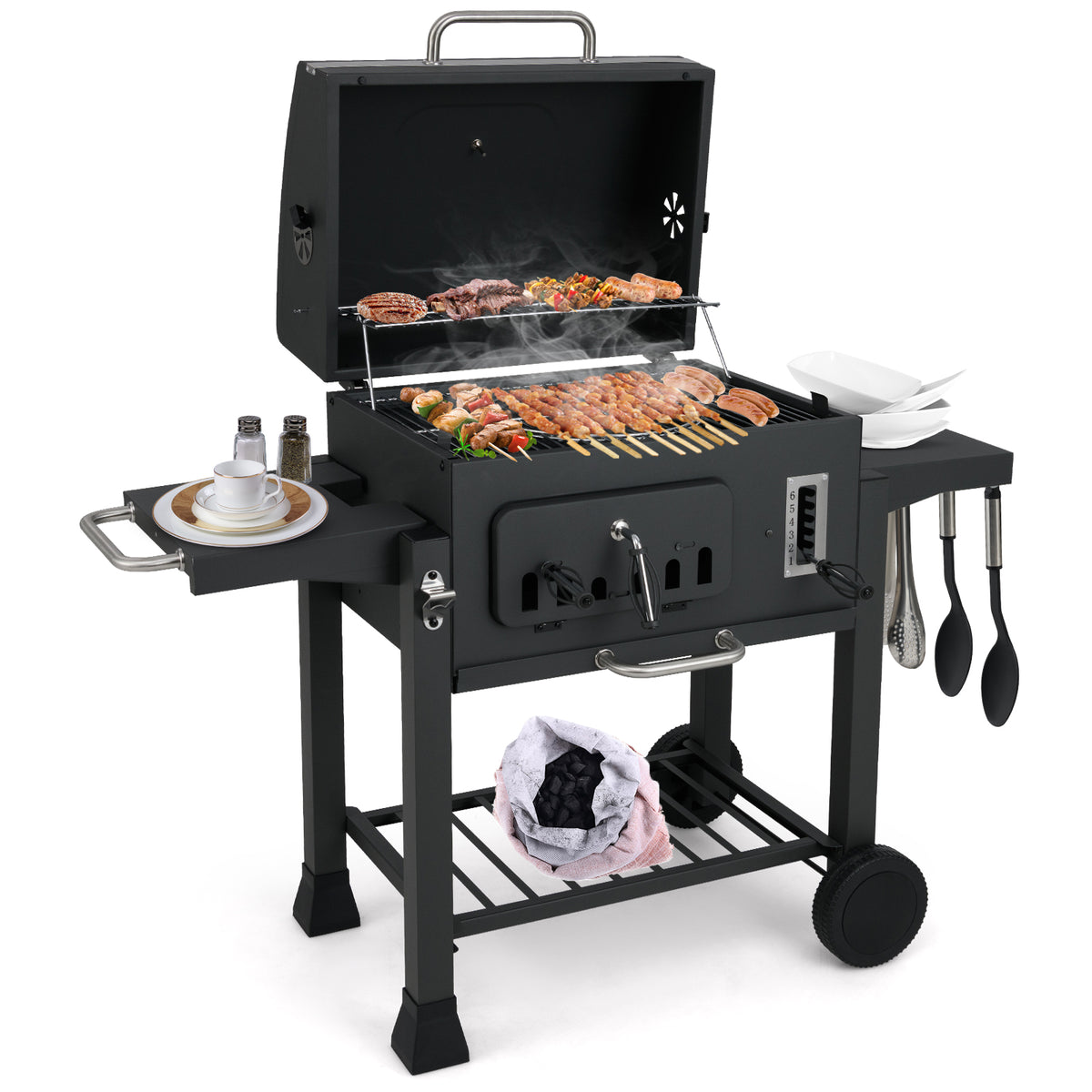 24-Inch Barrel Charcoal Grill with 2 Folding Side Tables and 544