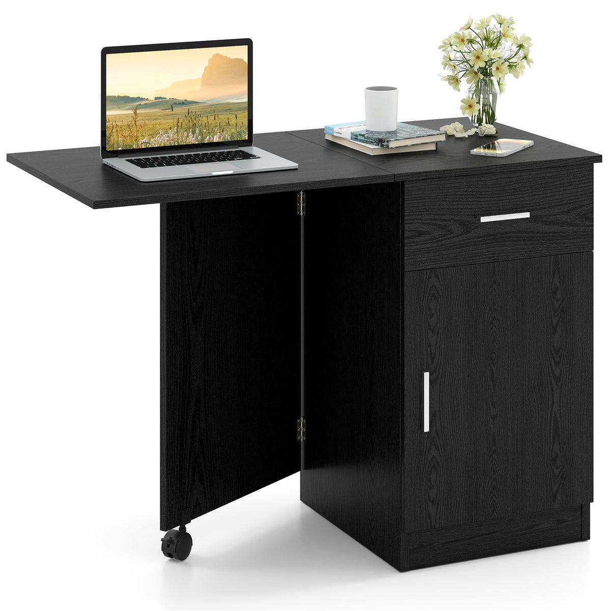 Folding Computer Desk with Drawer & Cabinet - Black