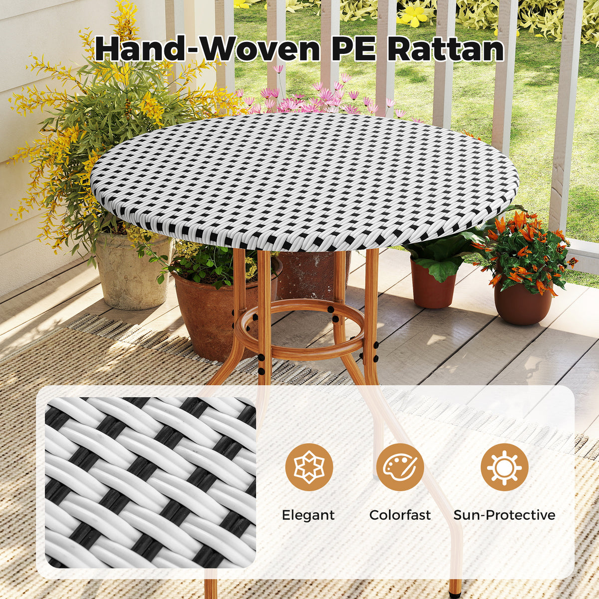 3 Piece French Bistro Table Chair Set with Outdoor Wicker Round and 2