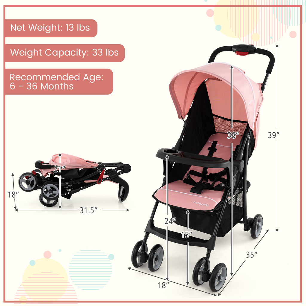 Toddler Compact Travel Stroller with Canopy & 2-Position Backrest - Pink