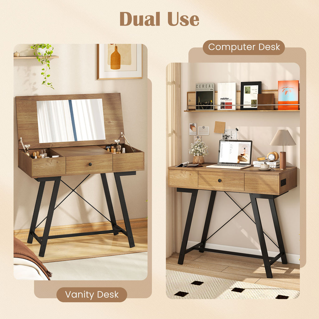 Vanity Desk with Flip Top Mirror - Rustic Brown
