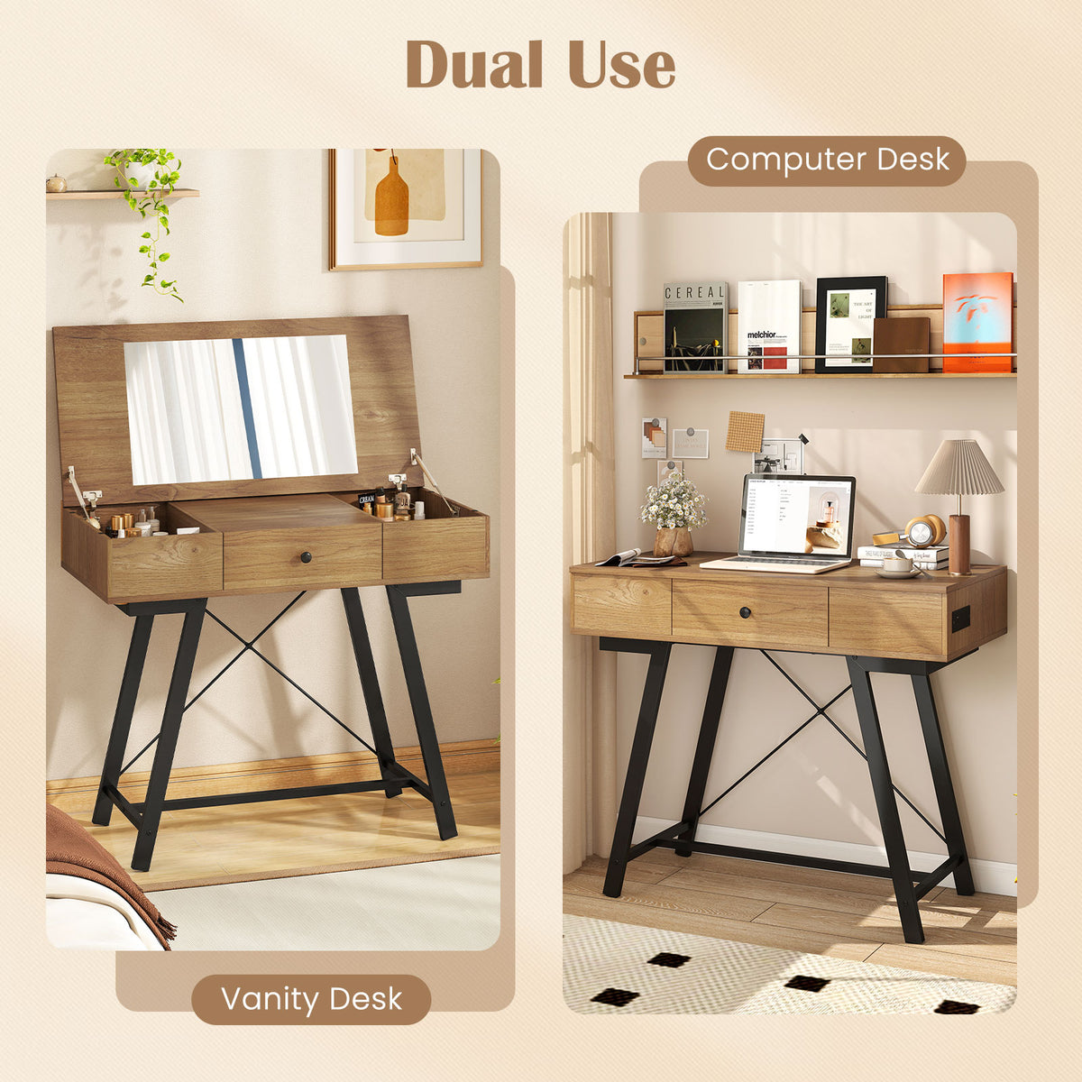 Vanity Desk with Flip Top Mirror - Rustic Brown