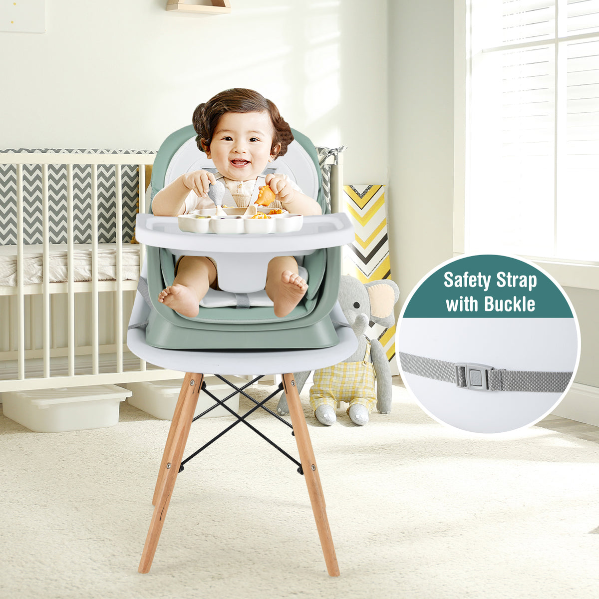 Green 8-in-1 Convertible Baby High Chair with Adjustable Removable Tray