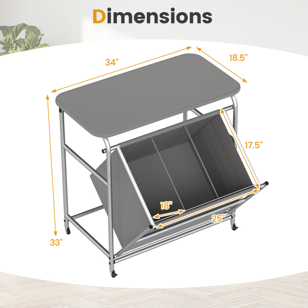 3-Section Laundry Sorter with Foldable Ironing Board, Gray