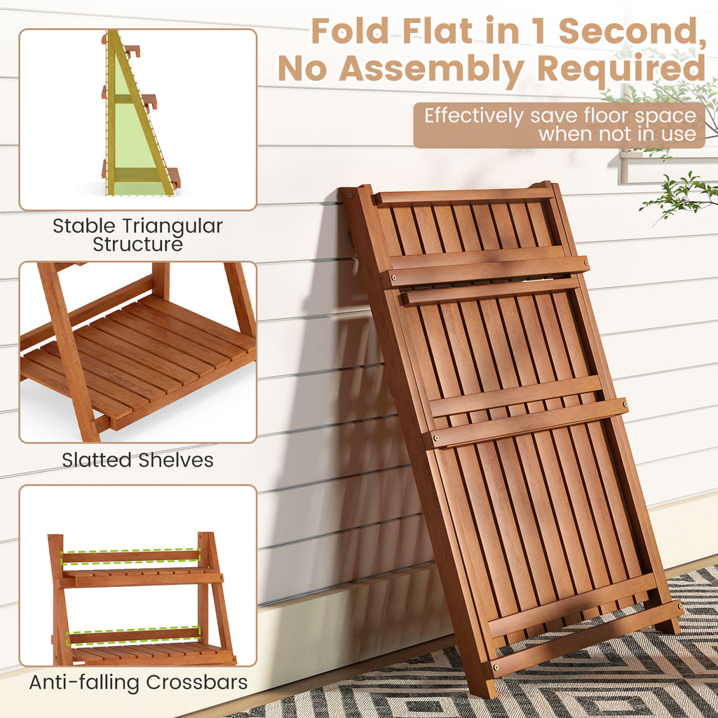 Foldable 3-Tier Solid Wood Plant Stand for Patio Balcony