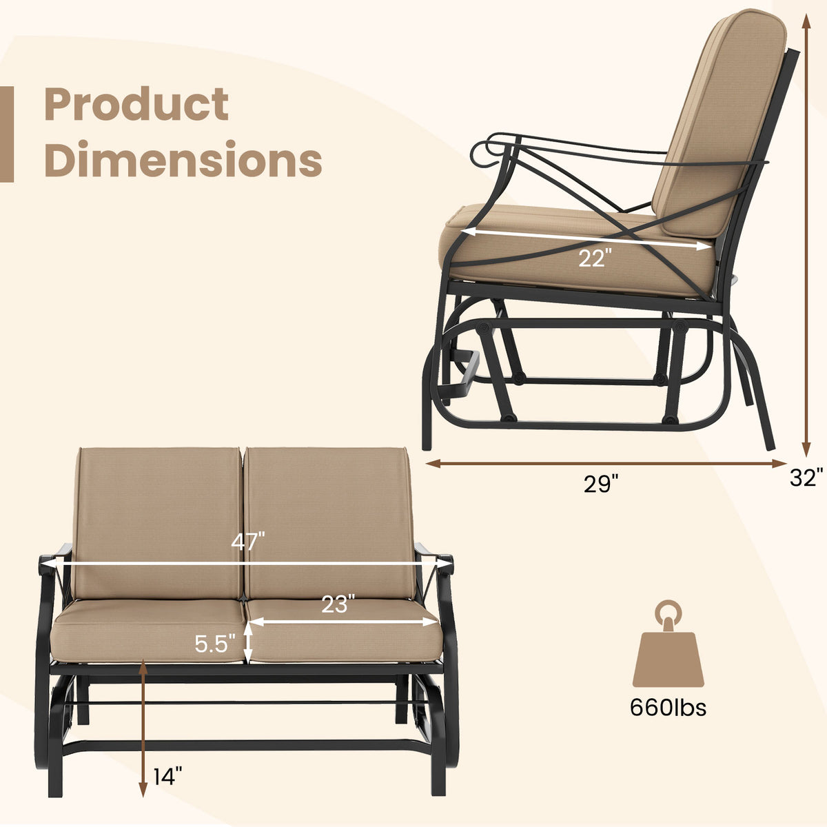 2-Person Outdoor Glider Loveseat with Cushions, Brown - 47 Inch