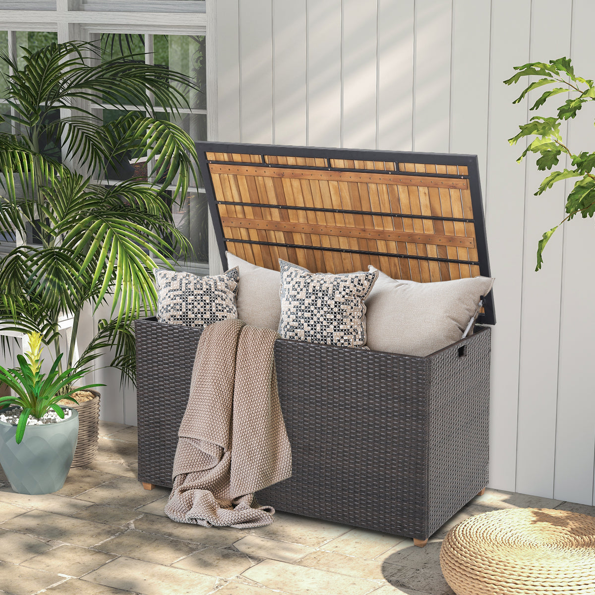 134-Gallon Rattan Storage Box with Acacia Wood Top - Cut-out Handles