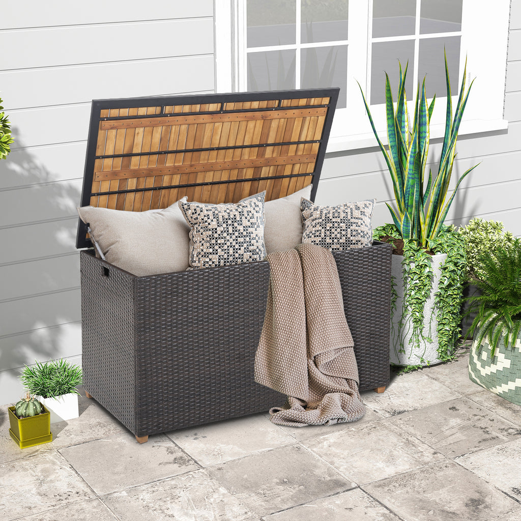 134-Gallon Rattan Storage Box with Acacia Wood Top - Cut-out Handles