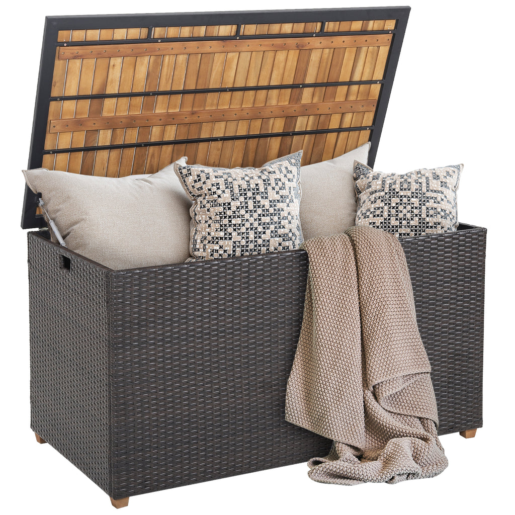134-Gallon Rattan Storage Box with Acacia Wood Top - Cut-out Handles