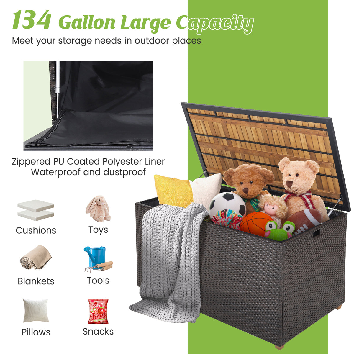 134 Gallon Rattan Storage Box with Zippered Liner and Solid Acacia