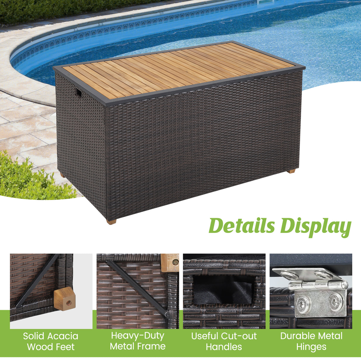134-Gallon Rattan Storage Box with Acacia Wood Top - Cut-out Handles