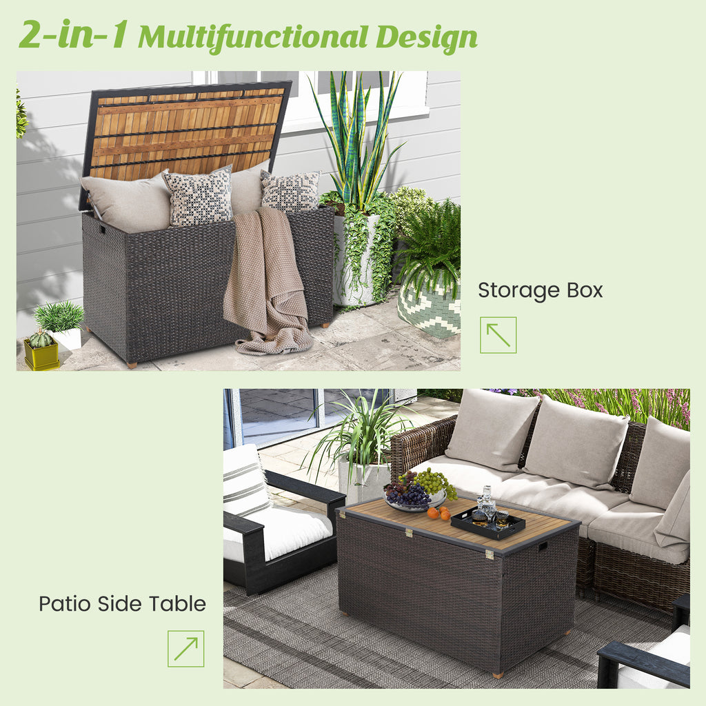 134-Gallon Rattan Storage Box with Acacia Wood Top - Cut-out Handles