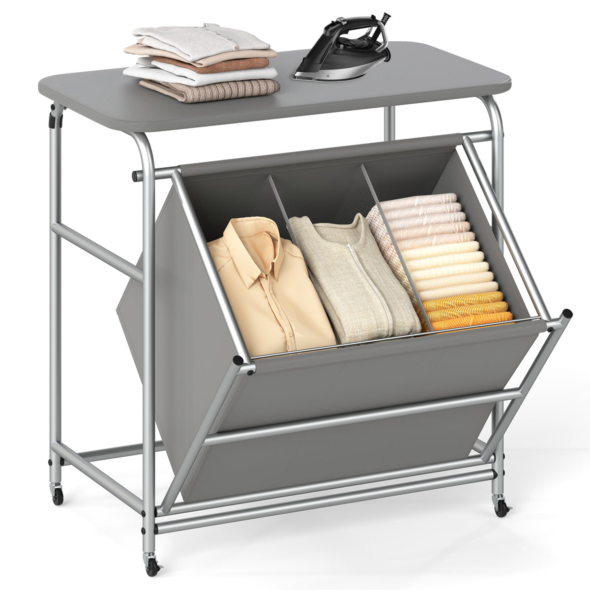 3-Section Laundry Sorter with Foldable Ironing Board, Gray