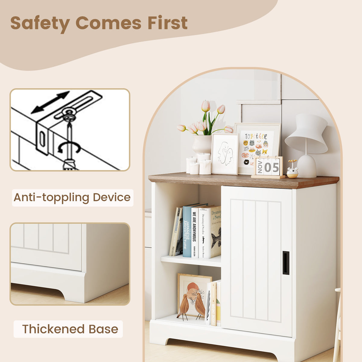 Farmhouse Sideboard Buffet Cabinet with Sliding Doors - White