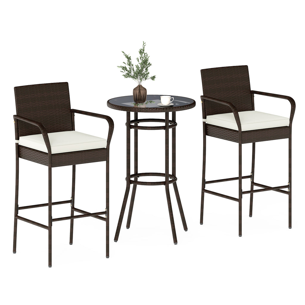 Patio Rattan Bar Height Table and Chairs with 2 Seat Cushions for