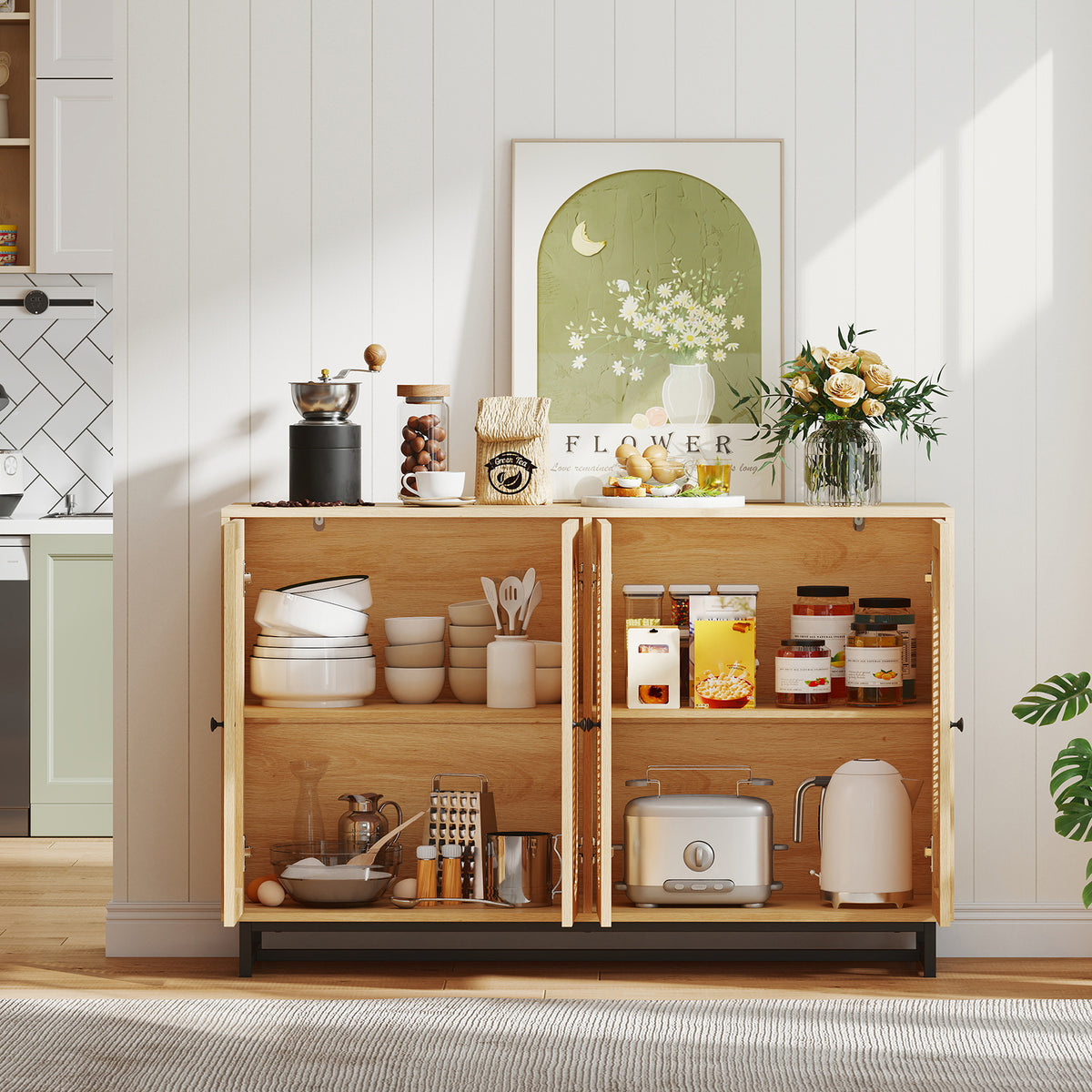 50-Inch Buffet Sideboard Cabinet with 4 Rattan Doors, Natural