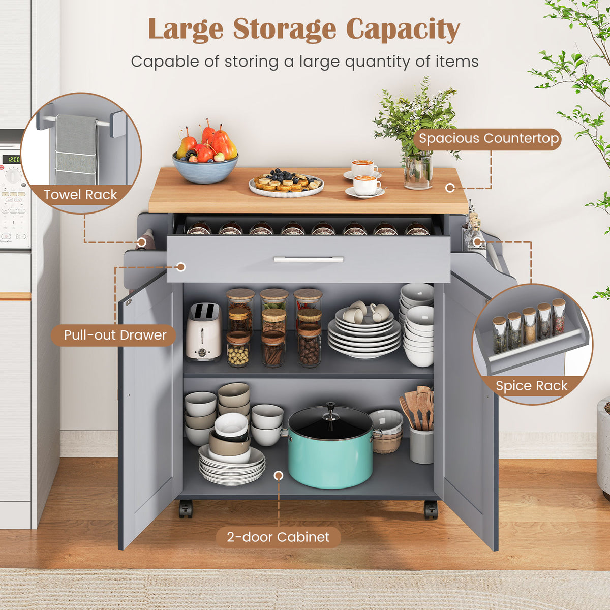 Rolling Kitchen Island Cart with Towel Rack - Gray