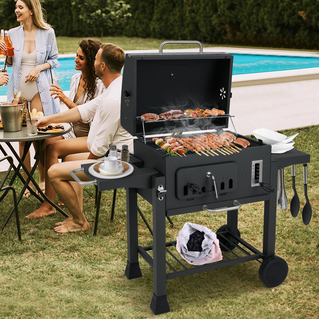 24-Inch Barrel Charcoal Grill with 2 Folding Side Tables and 544