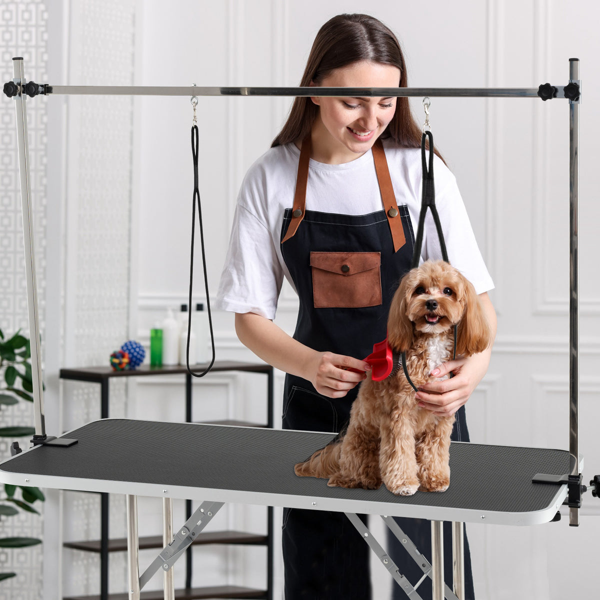 Foldable Dog Grooming Table with Height Adjustable Arms - Black - Space-Saving Pet Grooming Station