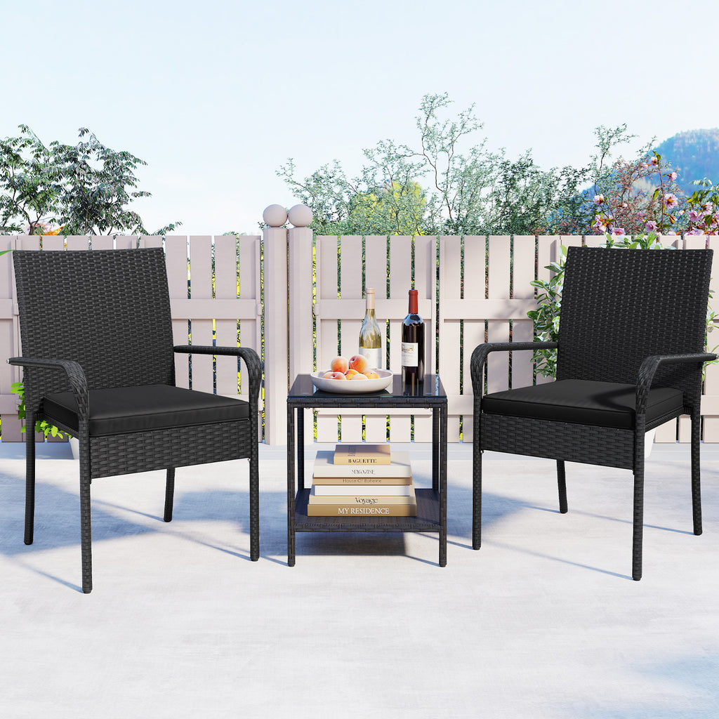 3 Piece Patio Furniture Set with Seat Cushions and Tempered Glass