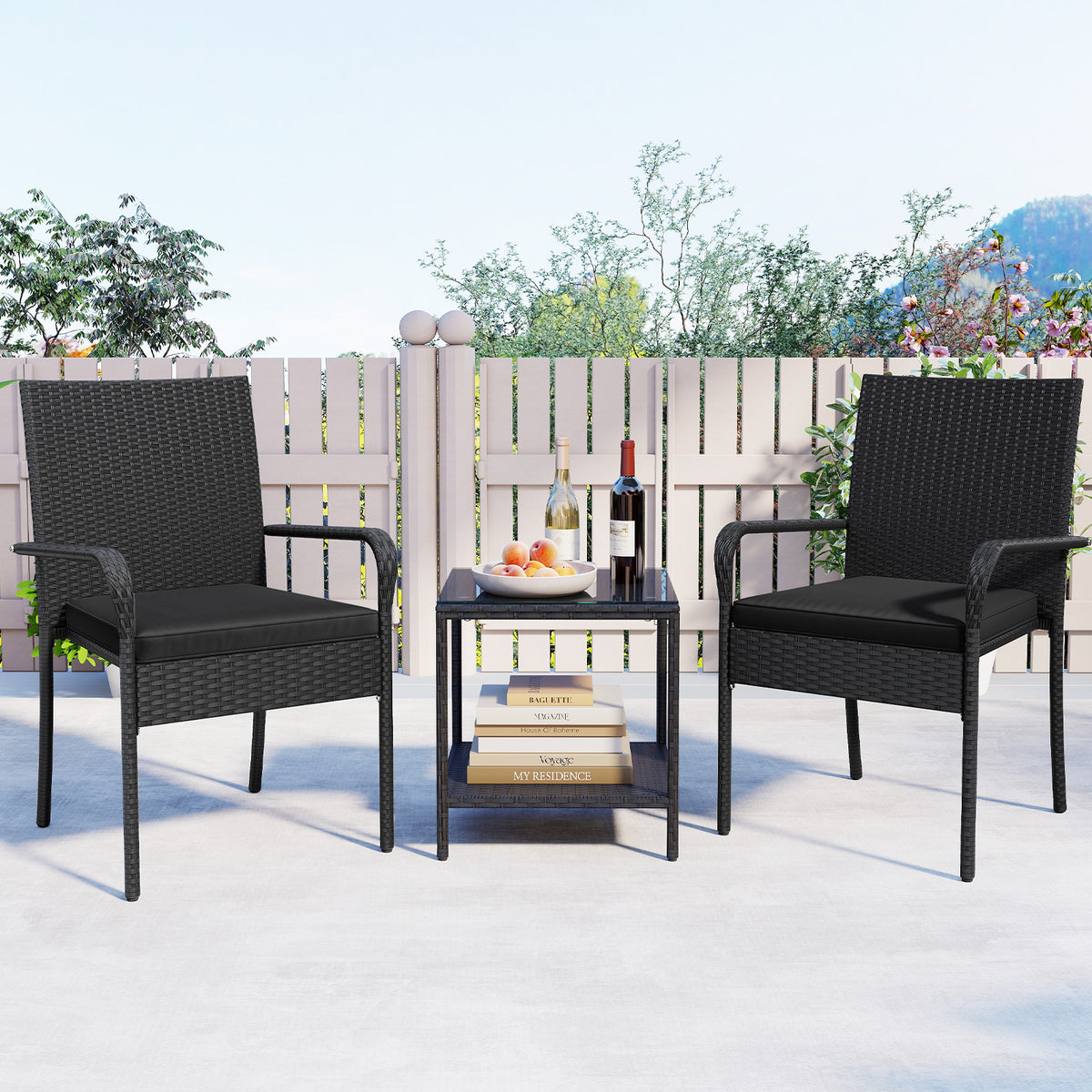 3 Piece Patio Furniture Set with Seat Cushions and Tempered Glass