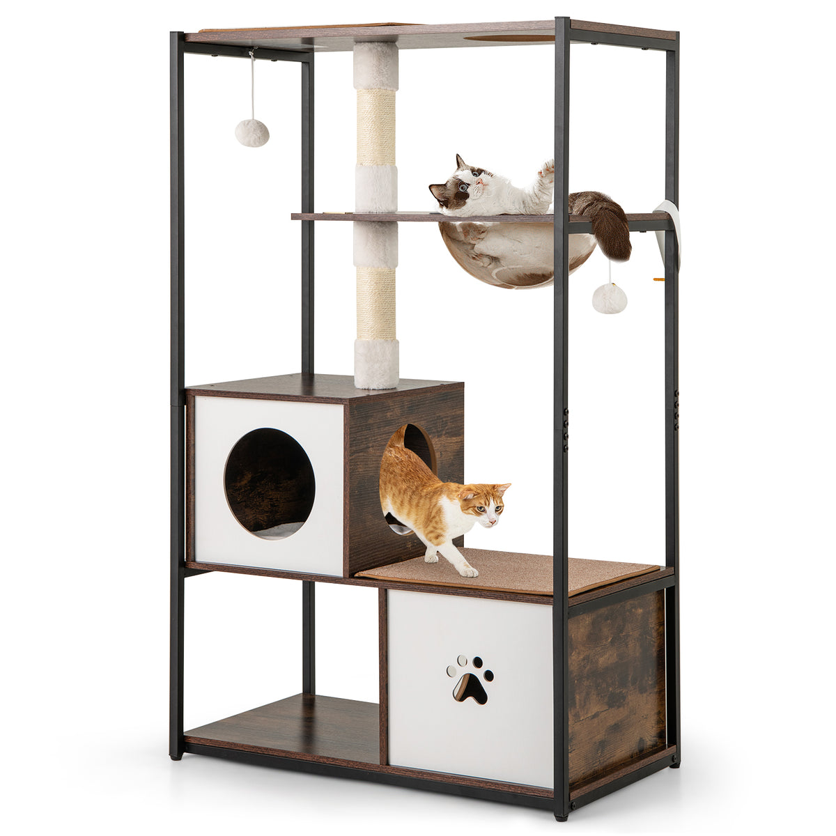 Wooden Cat Tree Tower with 2 Condos & Cushions - Style 2, Coffee