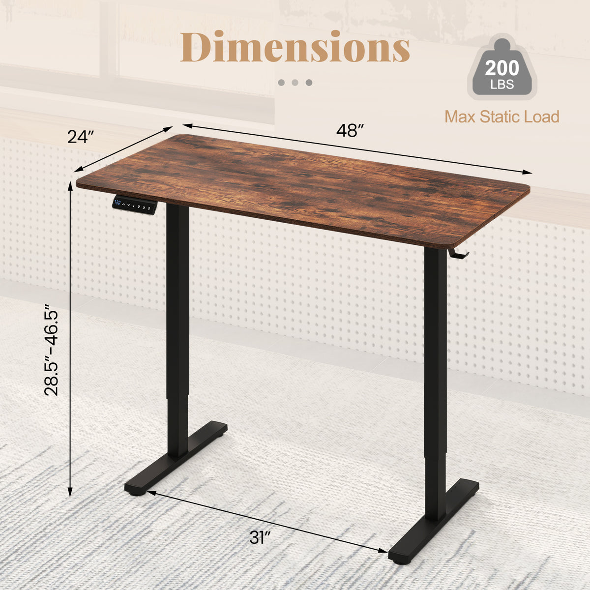 48 x 24 Electric Standing Desk with Memory Settings - Rustic Brown