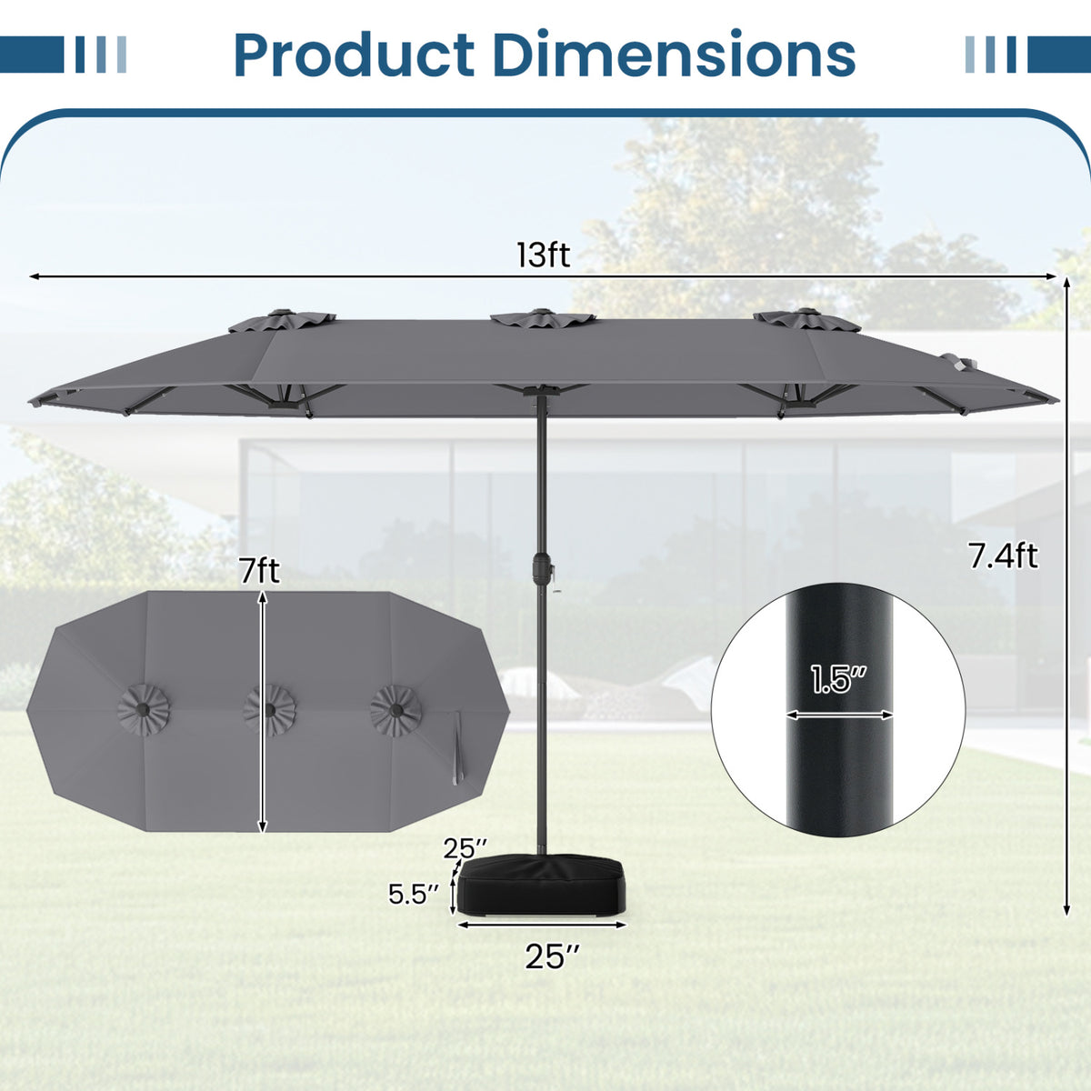 13FT Double-sided Patio Umbrella with Solar Lights for Garden Pool