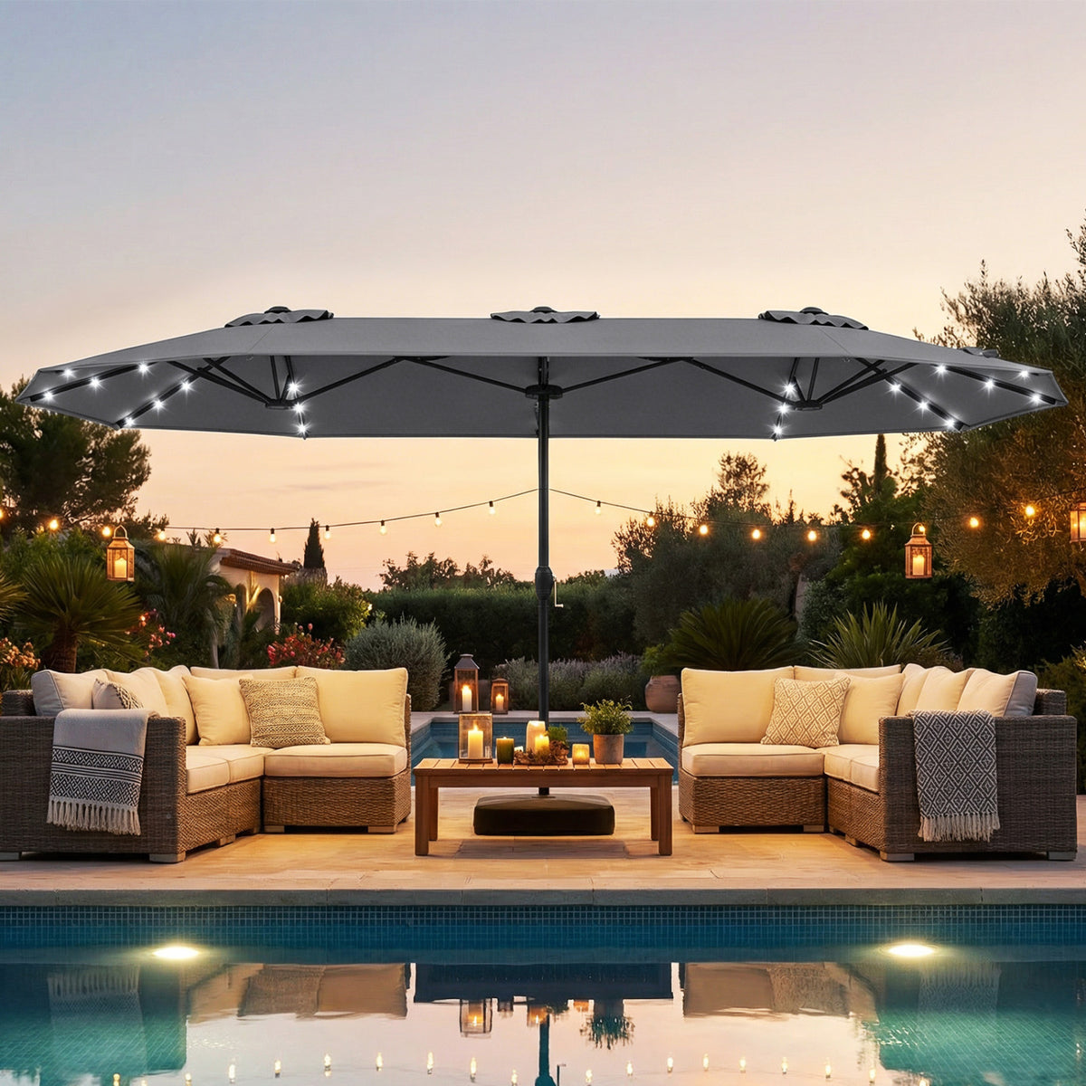 13FT Double-sided Patio Umbrella with Solar Lights for Garden Pool