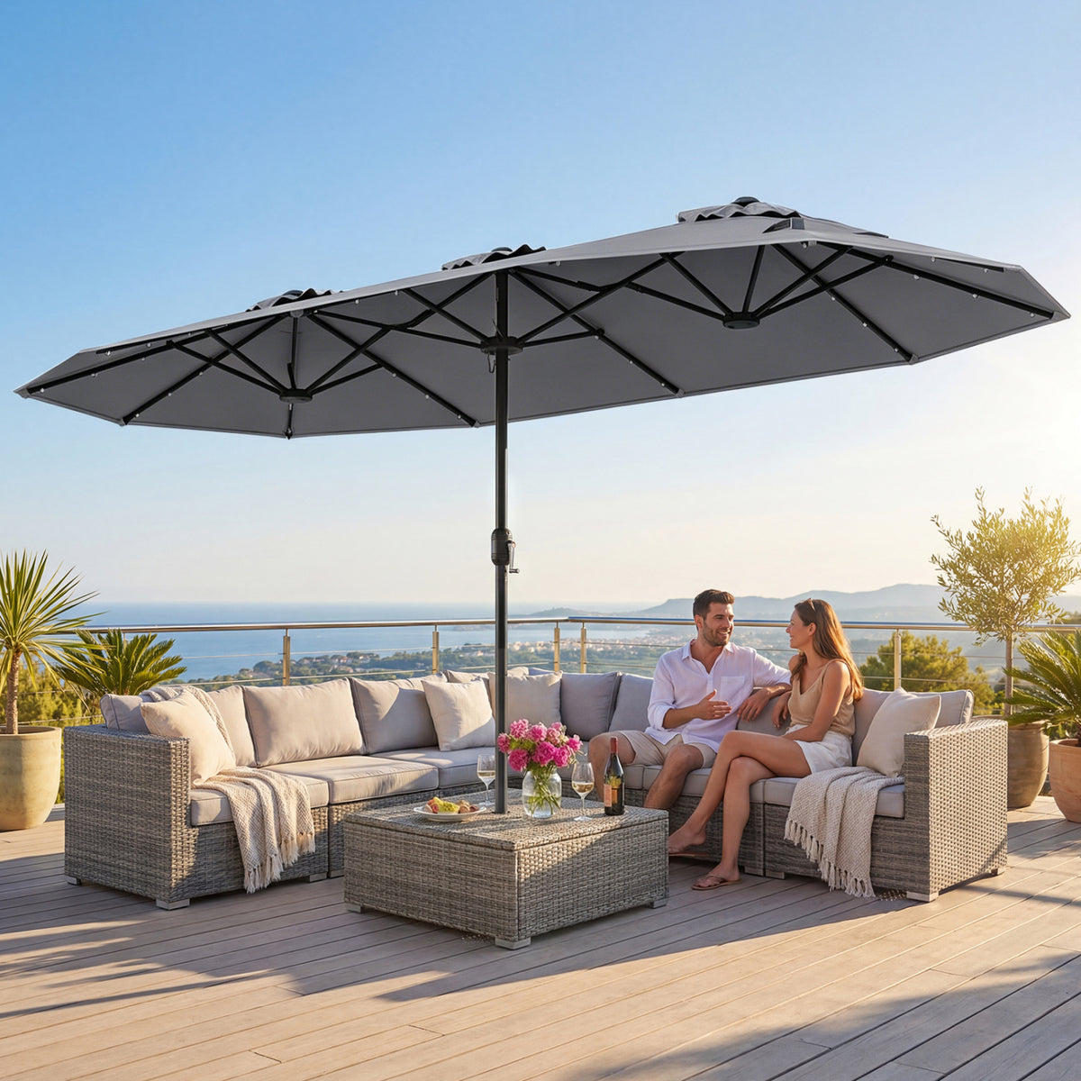 13FT Double-sided Patio Umbrella with Solar Lights for Garden Pool