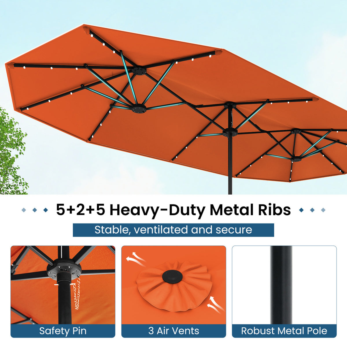 13FT Double-sided Patio Umbrella with Solar Lights for Garden Pool