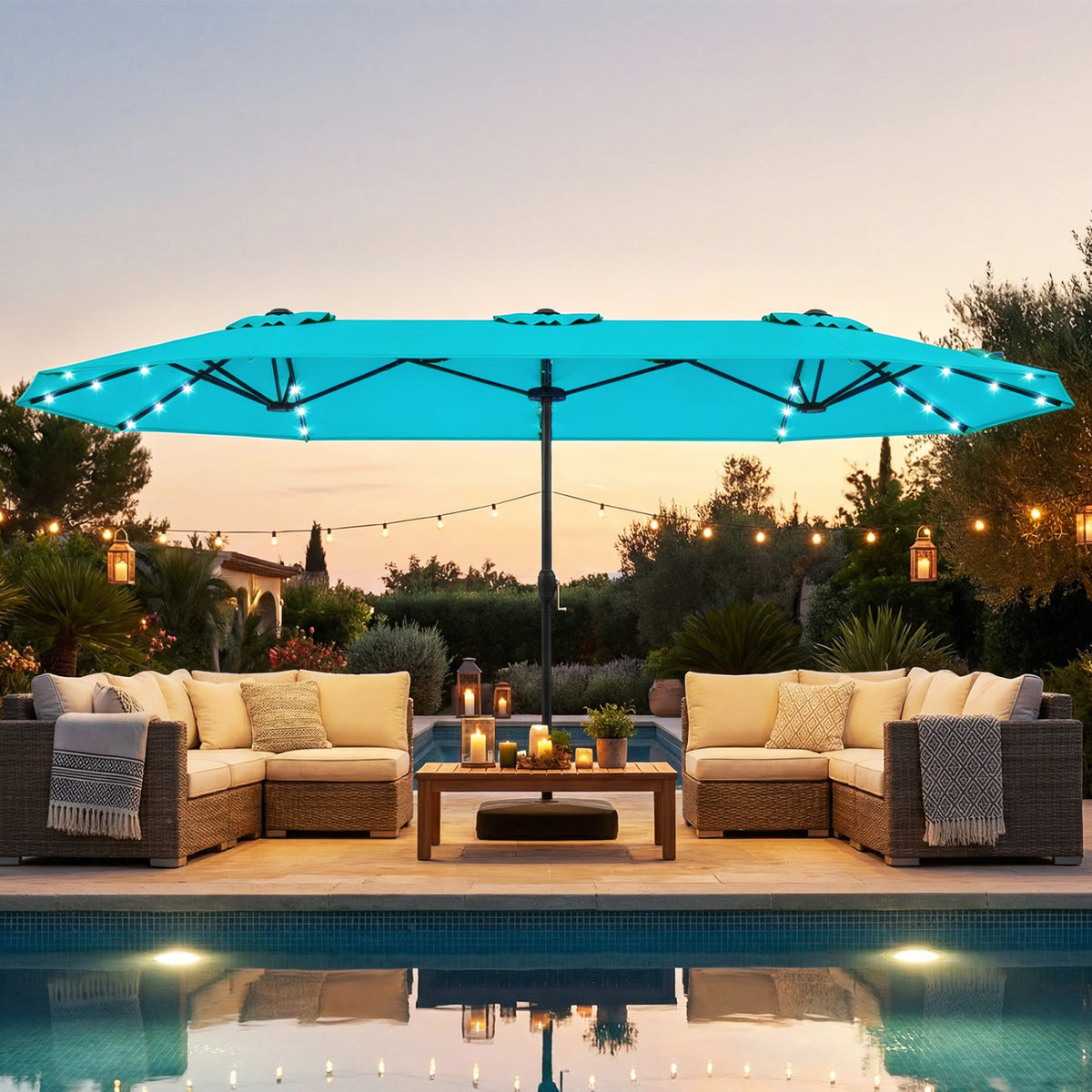13FT Double-sided Patio Umbrella with Solar Lights for Garden Pool