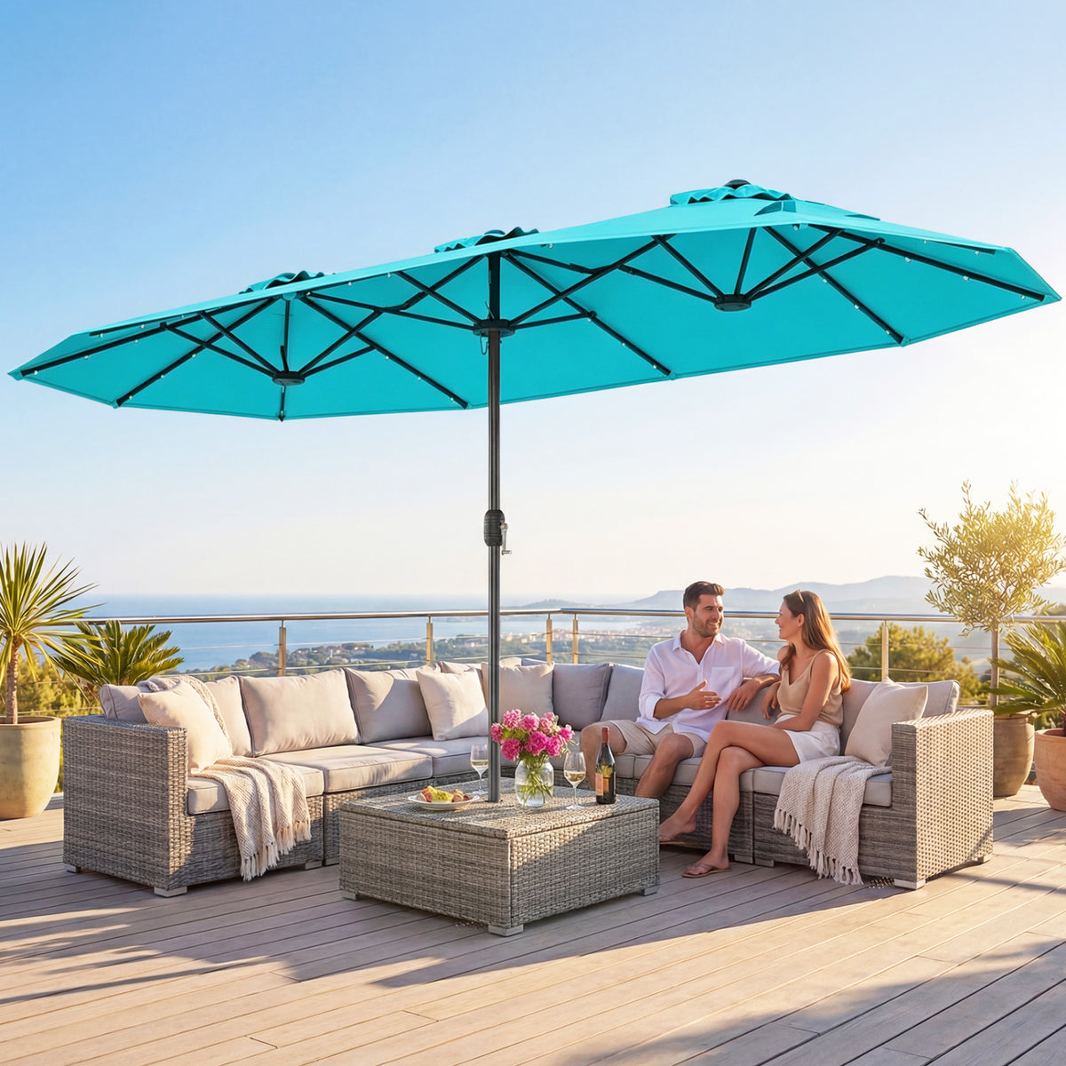 13FT Double-sided Patio Umbrella with Solar Lights for Garden Pool