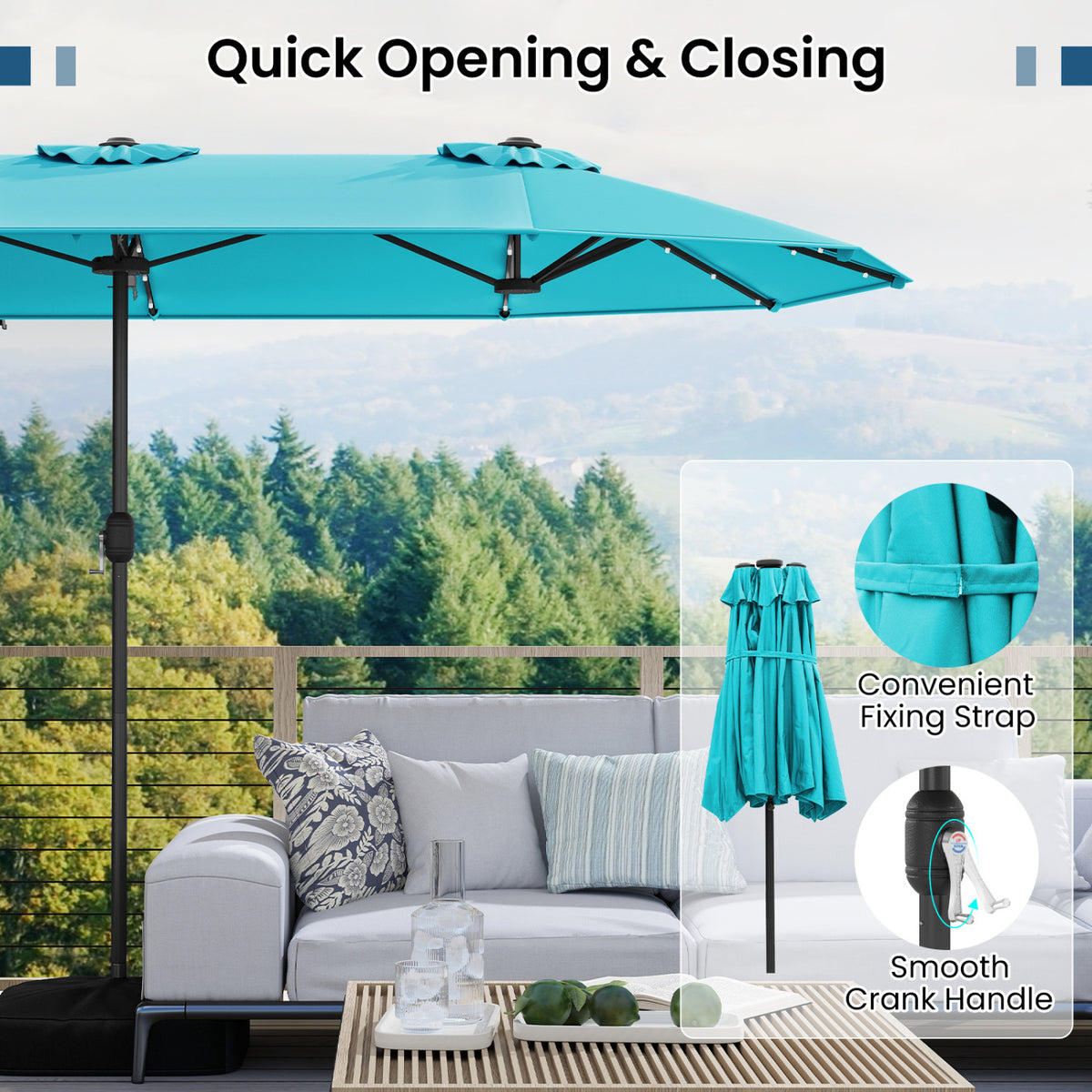 13FT Double-sided Patio Umbrella with Solar Lights for Garden Pool