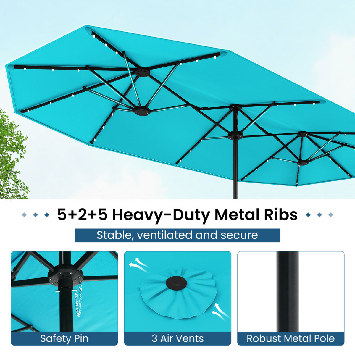 13FT Double-sided Patio Umbrella with Solar Lights for Garden Pool